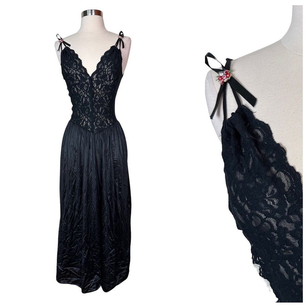 Vintage 90s Cinema Etoile Black Nylon Sexy Sheer Lace Lingerie Nightgown Slip S